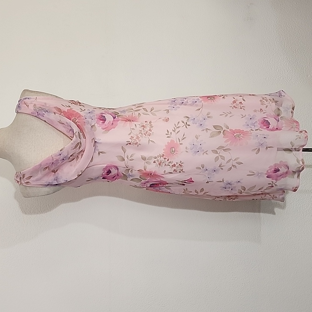 Dress Cowl Drape Back Floral Semi Sheer Overlay Lined Pink Size M - Picture 7 of 9